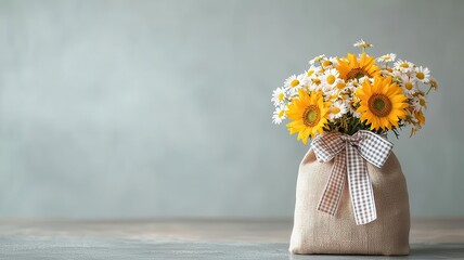 A small sack of cheerful sunflowers and daisies, tied with a gingham ribbon for a bright and sunny birthday surprise, birthday flowers sack, sunny birthday bouquet