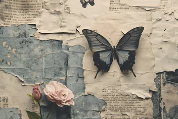 Foto auf Acrylglas Schmetterlinge im Grunge Modern trendy retro style Torn newspaper, retro flower, butterfly stamp, rip notebook sheets, handwriting quotes, craft notepaper, Vintage Elements Collage with Torn Paper and Handwritten Quotes  © shahadatarman 0