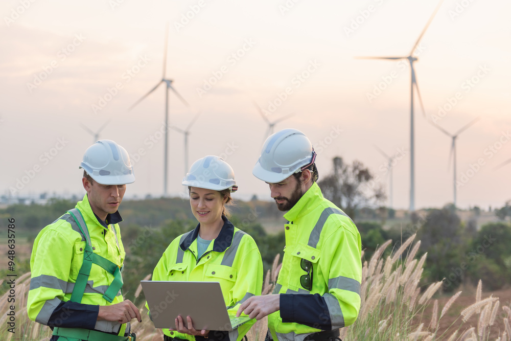 Wall mural team of engineers working and using a computer laptop on site in wind turbine farm, wind turbines ge