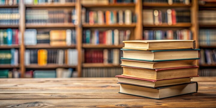 A stack of library books on a wooden table , education, reading, literature, research, studying, knowledge, textbooks