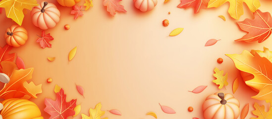 Aesthetic thanksgiving background with framed autumn leaves decor with decorated pumpkins