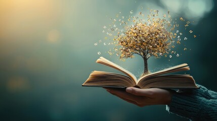 A pair of hands holding an open book, with letters and words flowing out and forming a tree, symbolizing the growth that comes from literacy