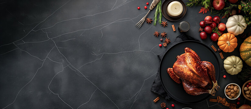 Bold Thanksgiving Vibes: Turkey Feast on a Sleek Black Table for a Modern Holiday Celebration
