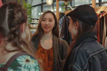Obraz premium Young students hosting clothing swap event, exchanging clothes and goods to promote a circular economy in dormitory, co-living building. Sustainable, zero waste lifestyle, reduce and reuse concept