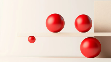 Three vibrant red spheres arranged on a minimalist shelf, showcasing balance and modern design in a clean, neutral setting.