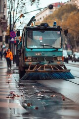 Street sweeper cleaning wet city sidewalk with fallen autumn leaves and working construction personnel.