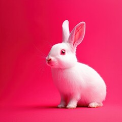 Obraz premium White Rabbit on Vibrant Pink Background Captured in Studio Setting