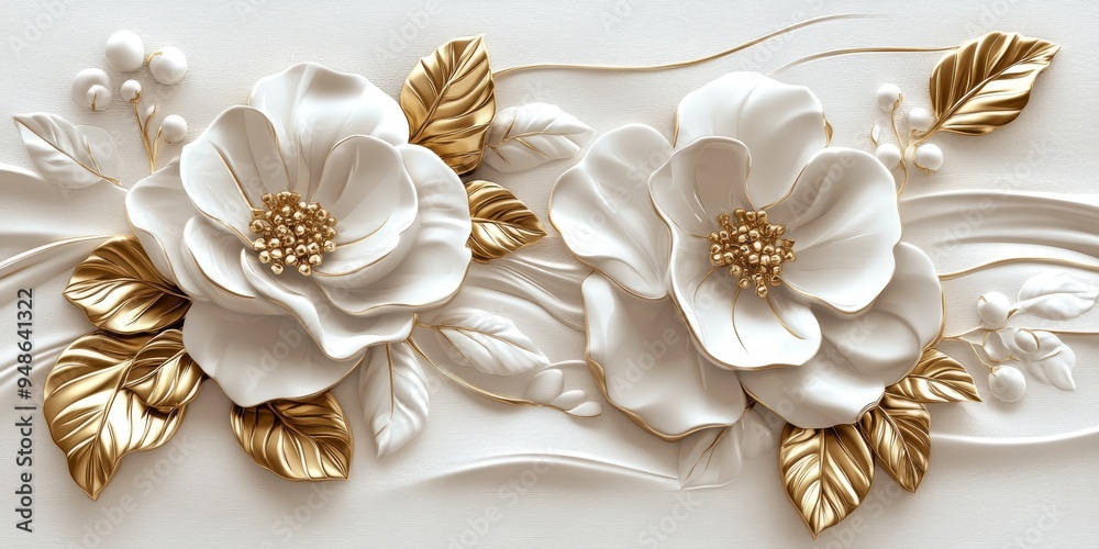 Wall mural This is a stunning 3D depiction of delicate golden flowers and elegantly flowing branches, making it the perfect choice for a beautifully designed postcard or an exquisite decorative art piece