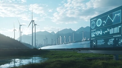 Renewable Energy Facility with Real-Time Power Generation Displays, Wind Turbines, and Solar Arrays, Clean and Efficient Environment, Photo Realistic