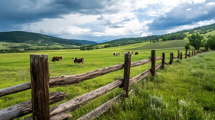 12. **A rustic wooden fence enclosing a field of grazing cows.