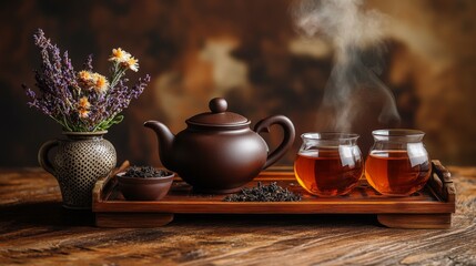 Fototapeta premium A high-resolution image of a traditional tea set with a teapot, cups, and a tray, arranged elegantly with loose tea leaves and a small vase of flowers.