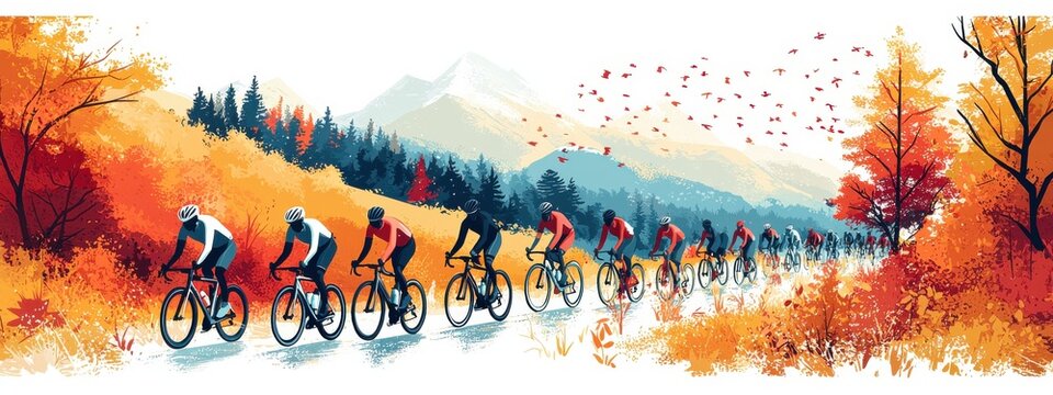 An illustration of a charity bike ride, with cyclists on a scenic route, and space for event details. Art style: Nature-inspired, dynamic, bright colors