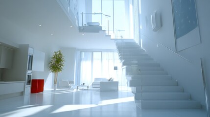 Obraz premium Modern white interior with stairs, glass railings, and a large window.