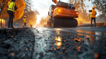 A group of construction workers are working on a road
