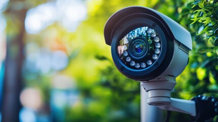 Naklejka premium Futuristic Surveillance Camera Monitoring Live Video Feed in Close-up