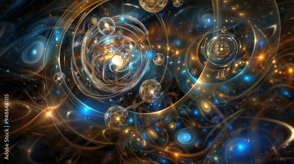 Poster Abstract digital art with glowing spheres and swirling patterns, suggesting a cosmic or futuristic concept.