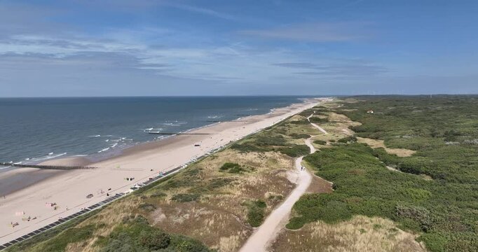 Domburg, Zeeland, Aerial overview over the beach and city. Water tower along the north sea. The Netherlands.