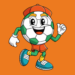 soccer groovy style cute cartoon character with face, arms and legs, vector illustration