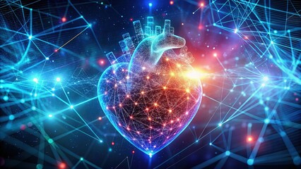Digital art concept of health and science, featuring an animated heart composed of glowing blue and red lines and particles, surrounded by futuristic data visualizations and abstract geometric shapes