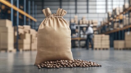 A close-up of a coffee bean bag s barcode being scanned, with the background showing a busy warehouse, photorealistic, hyper-resolution, efficient inventory management