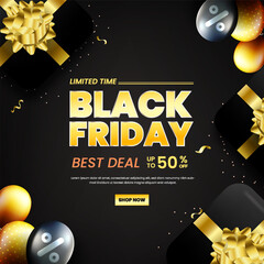Black Friday with realistic gift box and balloons. Limited time banner background for Black Friday. Futuristic Black Friday banner design.