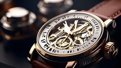 Elegant wristwatch display A close-up of a luxury wristwatch with a leather strap, shown on a white background to emphasize its details