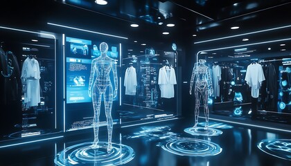 Futuristic Retail Experience with Virtual Fitting Rooms and AI-Generated Avatars, Stylish and Advanced Shopping Environment, Photo Realistic