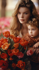 Happy mother's day! Child congratulates mom and gives her flowers tulips. smiling and hugging. Family holiday and togetherness.