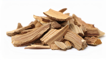 Pile of wood chips isolated on white backdrop. Natural material.
