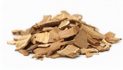 Pile of wood chips isolated on white backdrop. Natural material.