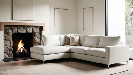 White corner sofa next to the fireplace. Modern living room interior design.