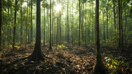A lush forest with trees showing signs of stress and dying foliage, representing the impact of increased temperatures and changing climates on ecosystems.