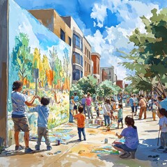 An illustration of a literacy mural being painted on a wall in an urban neighborhood, with children and adults participating. The top of the wall is left open for a festival banner
