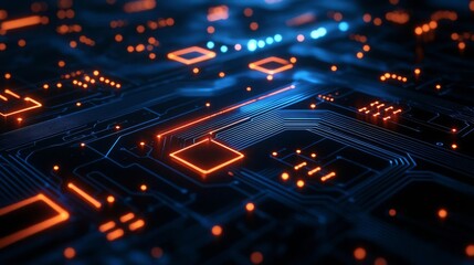 Fototapeta premium Glowtime art Glowing circuit patterns on a dark background, symbolizing tech innovation, sleek and modern design