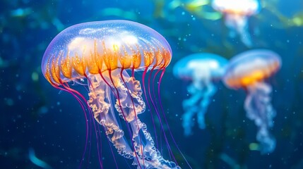 Glowtime art Glowing jellyfish in a deep blue ocean, illuminating their surroundings, underwater scene, captivating marine life