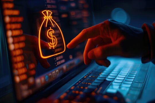 Person interacting with digital dollar sign on a glowing computer screen.