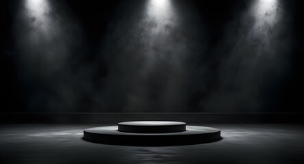 Podium black dark smoke background product platform abstract stage texture fog spotlight. Dark black floor podium dramatic empty night room table concrete wall scene place display studio smoky dust