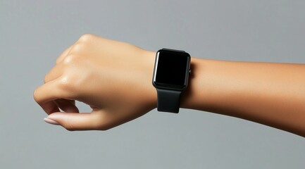 Close-up of a woman's hand wearing a smartwatch on her wrist,...