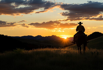 Silhouette of a cowboy riding into the sunset with room for text 