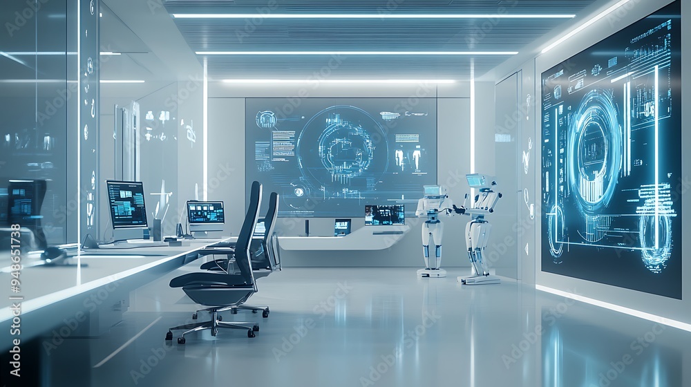 Aufkleber modern business office fully automated with ai systems, robotic assistants, and holographic interfac