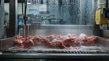 Butcher washing machinery with water in factory 