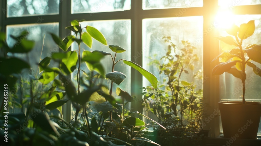 Poster Sunlight through window, illuminating plants.