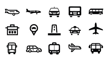 Set of 8 web icons depicting various modes of transport in a line art style.