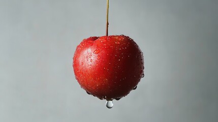 Red Apple with Water Droplets Hanging from a Stem