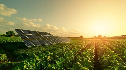 117. **A farm with a solar panel array and fields of crops under a clear sky.