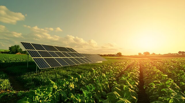 117. **A farm with a solar panel array and fields of crops under a clear sky.