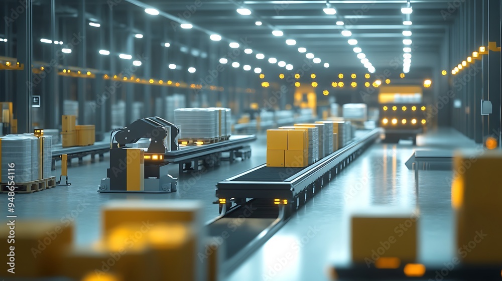 Poster Smart Warehouse with AI and Automation Handling Logistics, Organized and Efficient Design, Futuristic Environment, Photo Realistic