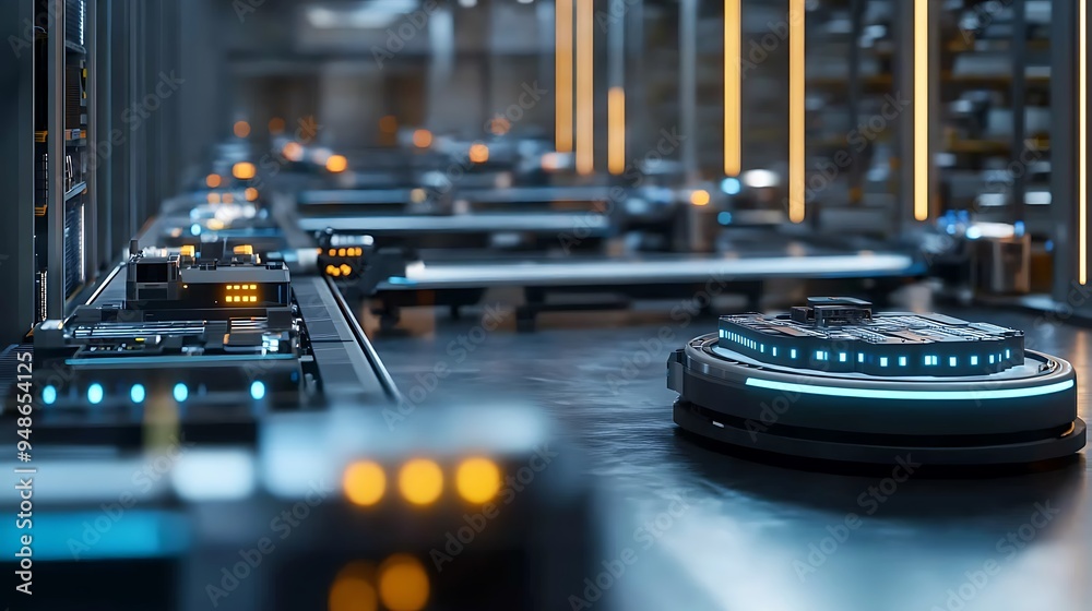 Poster smart warehouse with ai and automation handling logistics, organized and efficient design, futuristi