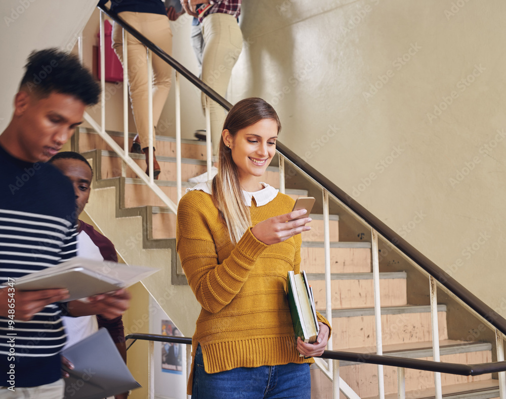 Sticker Books, phone and smile with student woman in hallway of college or university for communication. Education, social media and text message with happy learner on school campus for future development