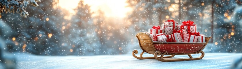 Sleigh filled with wrapped gifts on a snowy backdrop